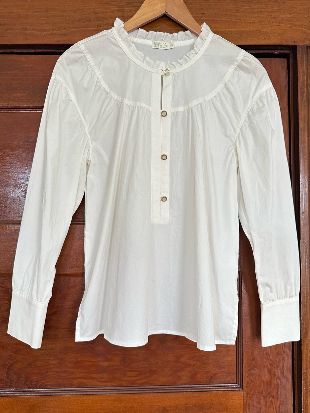 Spartina 449 Elsie Stretch Cotton Blouse XS Pearl White Poplin Ruffle Collar